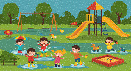 Rainy Day Fun Kids Enjoying a Playground Adventure in the Rain