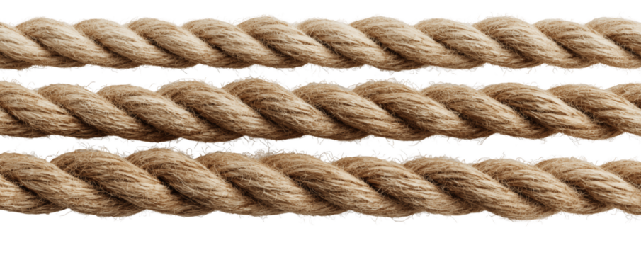 Close-up view of three strands of natural fiber rope against a white and transparent background, concept for nautical themes, decorative borders and securing objects tightly