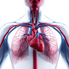 Detailed 3D medical illustration showing the human heart and lungs with veins and arteries in the thoracic cavity, highlighting the cardiovascular and respiratory systems