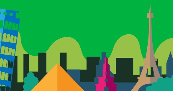Digital animation of multiple monuments icons with copy space on transparent background
