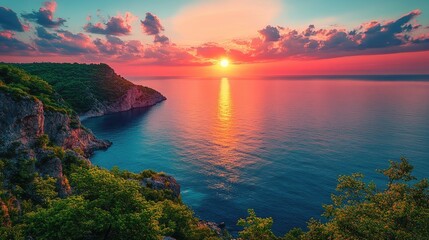 Breathtaking sunset painting the sky over a serene coastal bay.