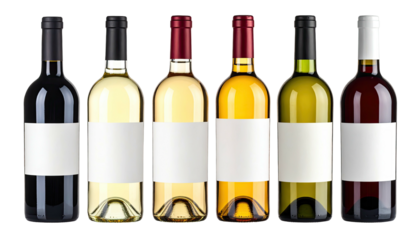 Five wine bottles of varying colors, each with a blank white label