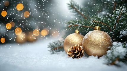 Golden Christmas Baubles and Pine Cone in Falling Snow.
