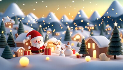 Magical 3D Christmas village with Santa Claus and a snowman.