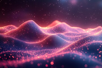 Abstract Digital Landscape of Glowing Particle Waves and Cosmic Energy.