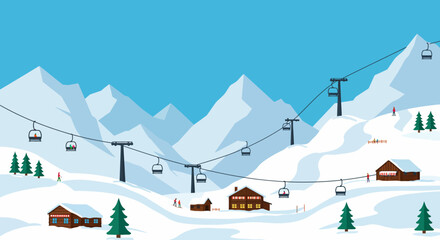 Winter Adventure Snowy Mountains, Ski Lifts, and Cozy Cabins in a Serene Landscape