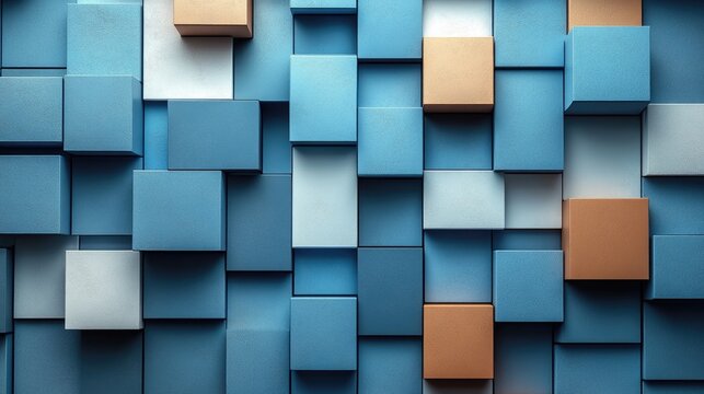 Abstract background of blue white and gold 3D cubes creating a modern geometric pattern.