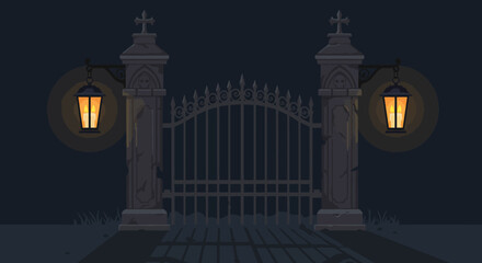 Eerie Gate at Night Vector Illustration of a Dark Entrance with Glowing Lanterns