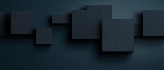 Dark textured squares of varying sizes overlap against a dark background, creating a minimalist and modern geometric design with depth and shadow effects