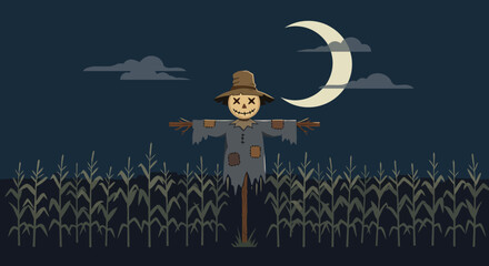 Autumn Scarecrow Under Crescent Moon in Cornfield at Night