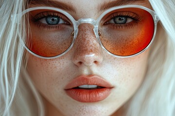 Close up portrait of a beautiful woman with white hair and freckles wearing orange sunglasses.