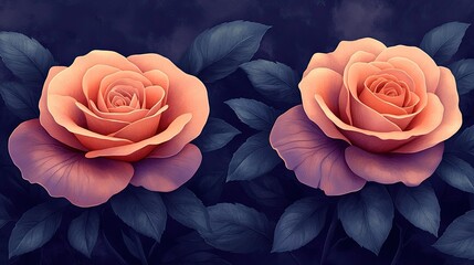 Two beautiful peach roses blooming against a dark moody background.