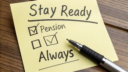 Stay Prepared with Pension Checklist on Yellow Sticky Note with Pen on Wooden Table Surface