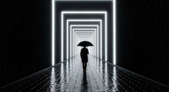 A person with an umbrella walks through a dark tunnel with glowing geometric shapes
