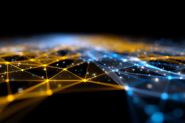 Abstract digital network with interconnected glowing nodes in blue and yellow on a dark background, symbolizing data flow, communication, and technology connectivity