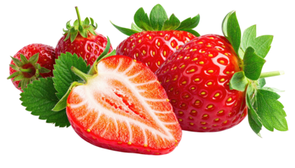 Fresh, vibrant strawberries, some whole, some halved, with green leaves