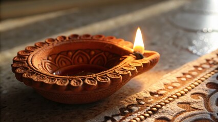 Traditional clay oil lamp illuminates serene Indian setting, capturing essence of daily life and cultural heritage
