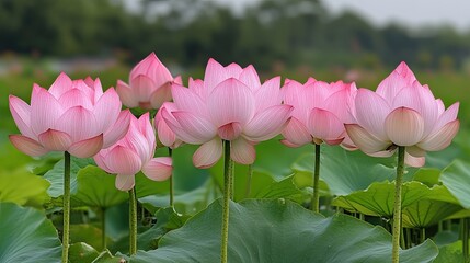 A beautiful row of blooming pink lotus flowers in a pond.