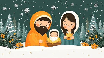 Illustrated Holy Family Nativity Scene in a Snowy Forest.
