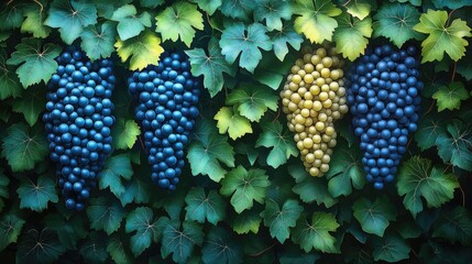 One Bunch of White Grapes Among Dark Blue Grapes on a Vine.