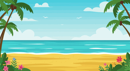 Tropical Beach Escape Palm Trees, Sandy Shore, and Azure Ocean View