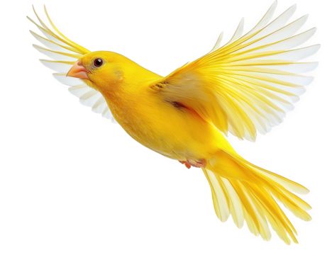 A bright yellow canary is captured midflight, its wings spread wide against an isolated on transparent background, showcasing its vibrant plumage and graceful movement