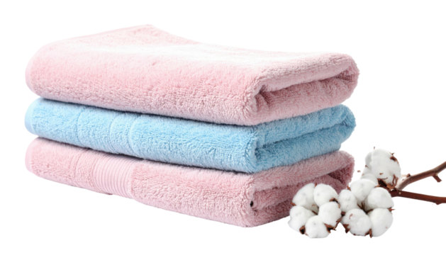 Stack of soft, pastel-colored towels, with cotton bolls - Powered by Adobe