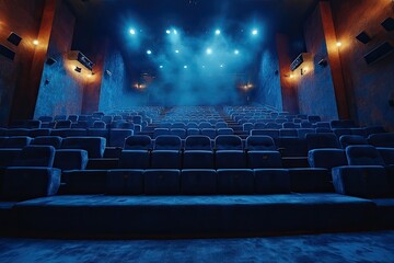 Empty Theater Auditorium with Blue Stage Lights Before a Performance.