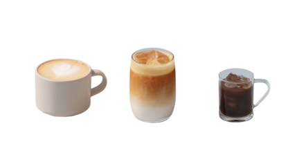 Three coffee drinks in cups