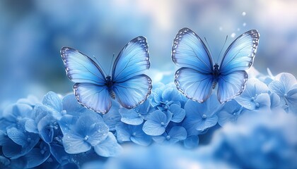 Two Ethereal Blue Butterflies Resting on Soft Hydrangea Flowers.