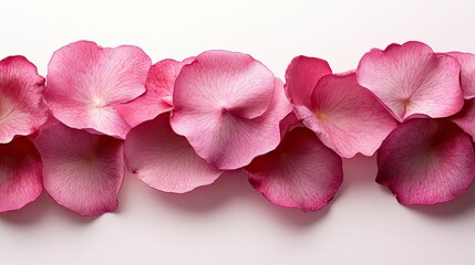 Delicate pink rose petals arranged in a horizontal line on a clean white background.
