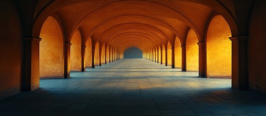 Long corridor with arches and columns leading to infinity.