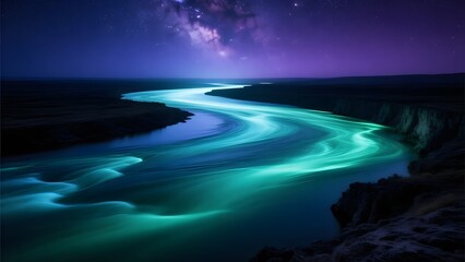 A river at night with bioluminescent water and starry sky