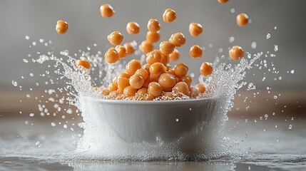Energetic Splash of Fresh Chickpeas Falling into a White Bowl.