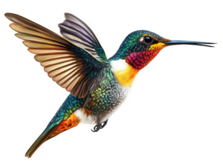 A beautiful rubythroated hummingbird isolated on transparent background, showcasing its vibrant colors and delicate wings in midflight, a true marvel of nature