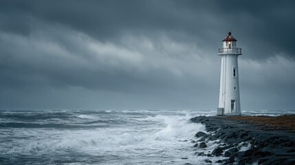 Obraz premium Lighthouse on rocky coast under stormy skies