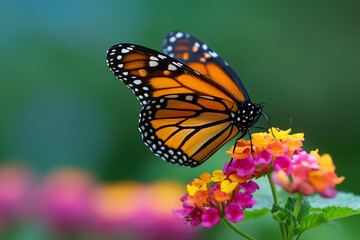 Fototapeta premium A vibrant monarch butterfly with orange and black wings perches delicately on colorful pink and yellow flowers against a soft green blurred background