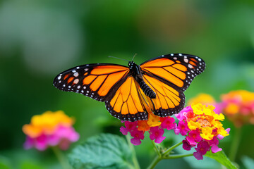 Fototapeta premium A vibrant monarch butterfly with orange and black wings perches delicately on colorful pink and yellow flowers against a lush green blurred background