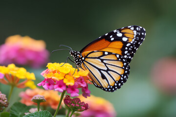 Fototapeta premium A vibrant monarch butterfly delicately perched on colorful lantana flowers, showcasing vivid orange, yellow, pink, and black patterns against a soft, blurred green background