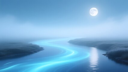 A river in blue lights next to land under moonlight