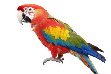 Obraz premium A colorful macaw isolated on transparent background, displaying its vibrant red, yellow, and blue plumage, perched elegantly and radiating tropical beauty and intelligence