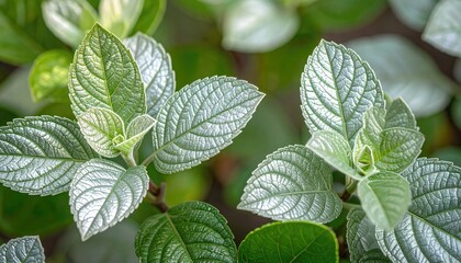 Close up Red Caladium Leaves with White Accents in Soft Natural Light to Highlight Veins and Texture Detailed Botanical Shot with Green Background