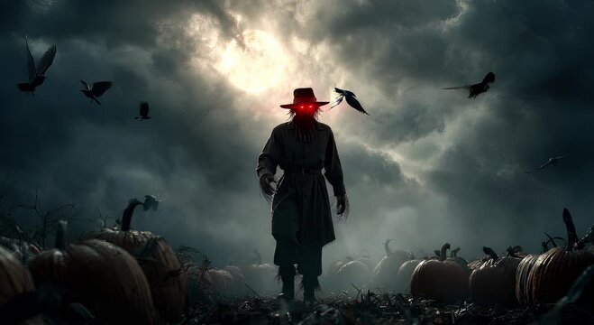 A chilling Halloween scene of a scarecrow in a foggy pumpkin patch with ravens circling and a spooky moonlit sky