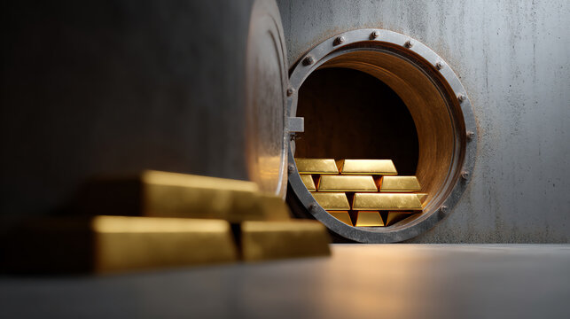 A vault door open to reveal stacked gold bars inside, with additional gold bars placed outside on a metallic surface, symbolizing wealth and security