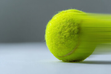 Close-up of a bright yellow tennis ball in motion, captured with motion blur against a neutral gray background