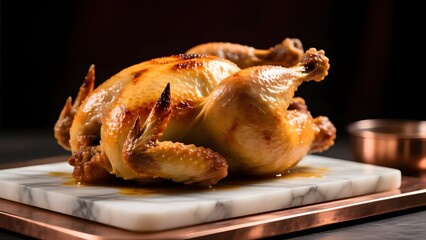 A roasted chicken on a white marble serving board with copper bowls