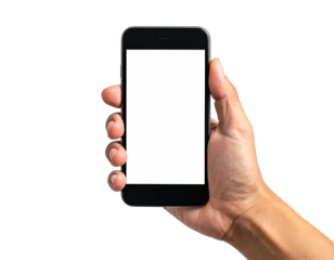 Hand holding a black smartphone with a blank white screen