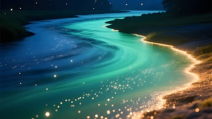 A river with light trails flowing through water