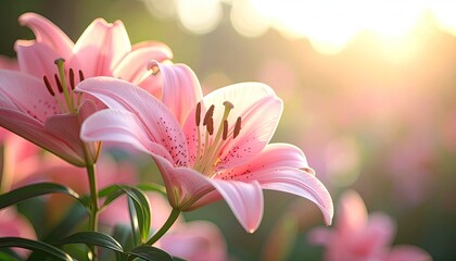 Obraz premium Close Up Shot of Pink Lilies with Bokeh Background in Soft Sunlight With Water Droplets on Petals Bright Lighting Blooming Garden Springtime