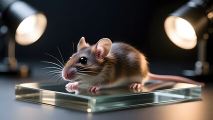 A rodent is on top of glass with lamps in back